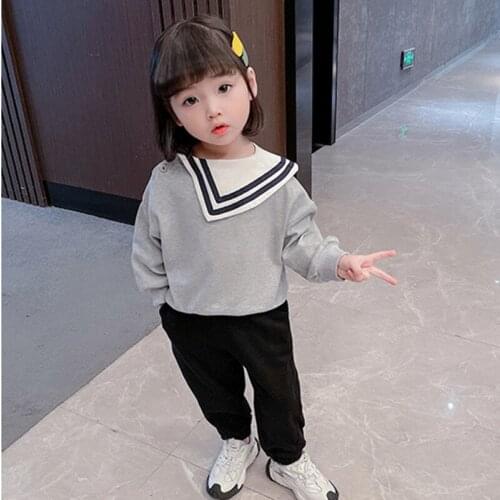 Kids Girls Clothes Set Spring Autumn Casual Sailor Collar Long Sleeve Knitting Shirt+Pant Two Piece Fashion Childrens Sets 1-7Y