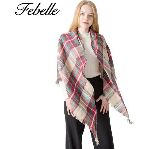 Febelle Winter Women Scarf Luxury Brand Plaid Warm Cashmere Shawls Pashmina Wrap Triangular Scarf for Girls Poncho