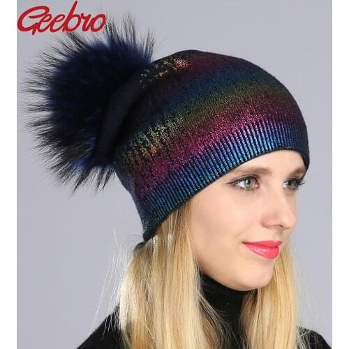 Geebro Womens Cashmere Beanies Hat with Raccoon Fur Pompon Winter Warm Knitted Wool Slouchy Beanies Hat Femme Skullies&Beanies