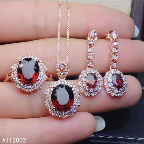KJJEAXCMY fine jewelry natural garnet 925 sterling silver women pendant necklace ring earrings set support test luxury fashion