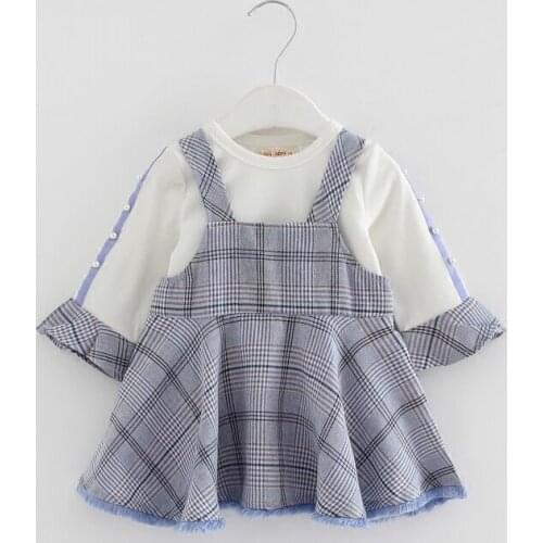 Spring England Style two-piece girls clothes set baby T-shirt flare sleeve with pearls+striped straps dresses Clothing Sets