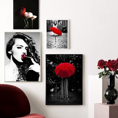 Red Umbrella Pink Rose Sexy Woman Canvas Painting Retro Raining Street Wall Art Pictures Nordic Poster And Print For Living Room