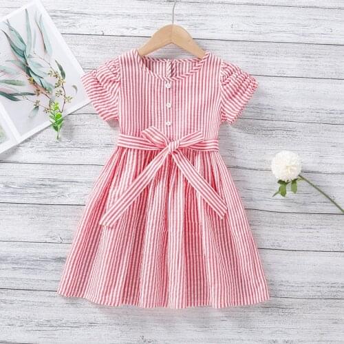 Summer Dress Childrens Clothes Girls Sweet Dress Striped Printed Bow Short Sleeve Belt Knee Length A-Line Dress Outfits 2-12Y