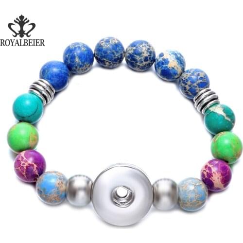 Multi Color Emperor Stone Stretched Beaded Snap Bracelet Beads Bracelet Fit 18mm Snap Button 20mm Snap Jewelry SZ0489