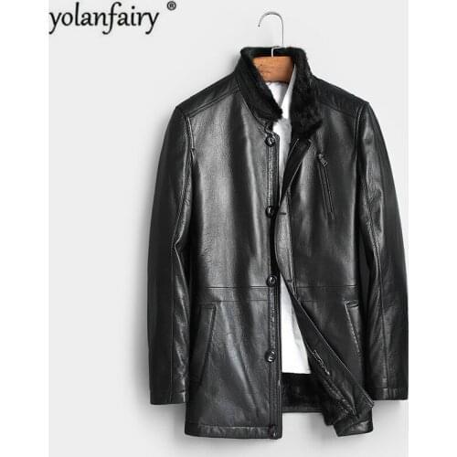 Genuine Leather Jacket Men Winter Real Sheepskin Coat Mink Fur Liner Mens Leather Jacket Warm Down Coat Jaqueta Couro 701 YY446
