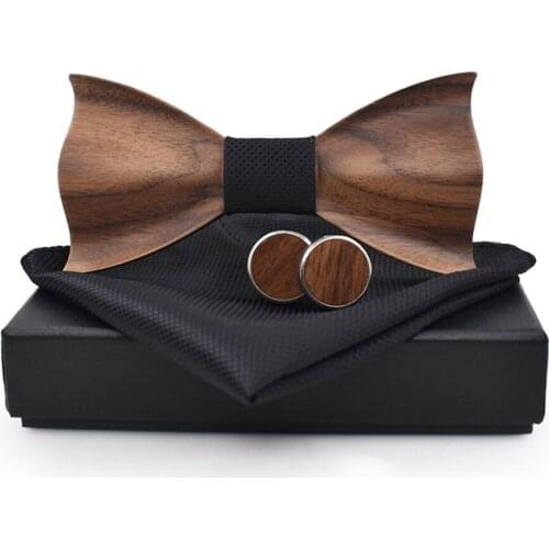 Wooden Bow Tie Set Cufflinks Handkerchief Bowtie Men Necktie Black Cravate Homme Papillon Corbatas Pajarita for Mens Wedding
