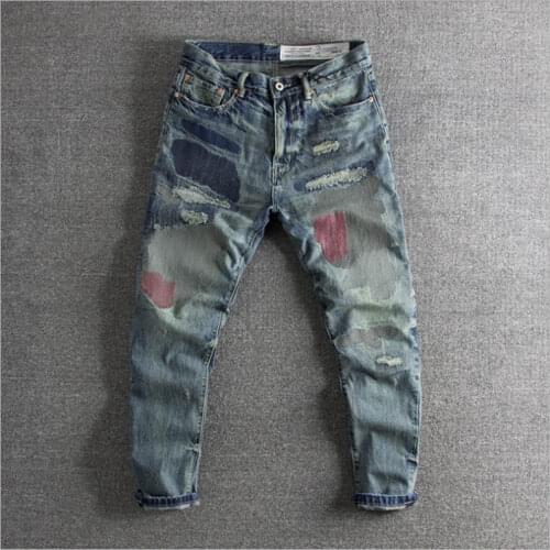 2019 new arrival Retro-wash, old patches, fashion, body-building, straight barrel, foreign trade, original single-man jeans