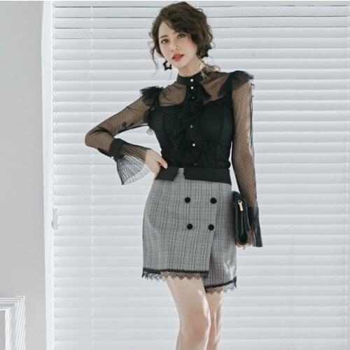 New arrival fashion korean set women spring OL professional temperament sexy perspective shirt and plaid skirt two piece set