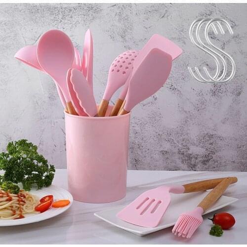 New Pink Silicone Kitchen Utensils Set Cooking Tools Non-stick Spatula Clips Spoon Shovel Brush Whisk With Wooden Handle