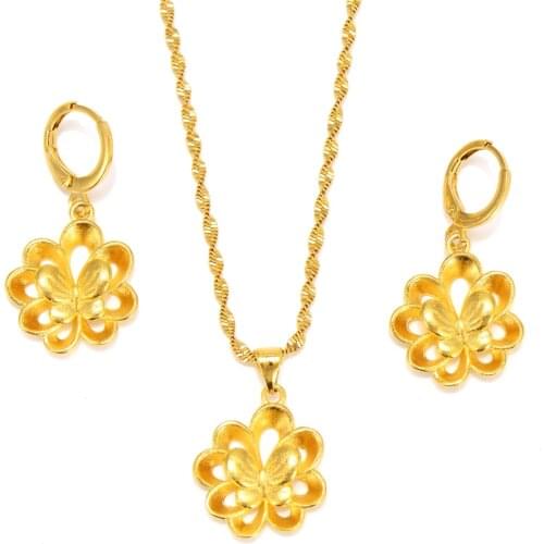 African vintage flower butterfly Pendant Necklace Gold Color Jewelry for Women wedding bridal party jewelry sets girls Gift