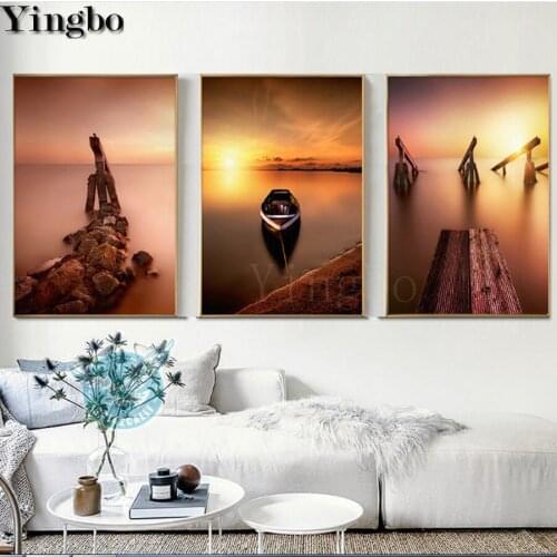 Full Square/Round Diamond Painting sunset sea boats landscapes 5D DIY Diamond Embroidery Mosaic Picture Of Rhinestones Painting