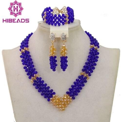 Simple African Royal Blue Women Wedding Beads Jewelry Sets Gold Crystal Bib Collar Engagement Necklace Set Free Shipping QW752
