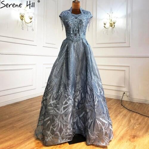 Serene Hill Blue Luxury A-Line Evening Dresses Gowns 2021 Beading Tassel Sexy For Women Party LA70969