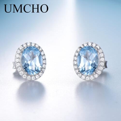 UMCHO 925 Sterling Silver Jewelry Created Oval Sky Blue Topaz Stud Earrings For Women Anniversary Romantic Gifts Fine Jewelry