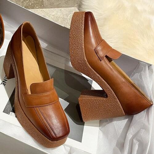 Womens genuine leather thick high heel platform retro pumps square toe gradient color OL style female daily soft comfort shoes