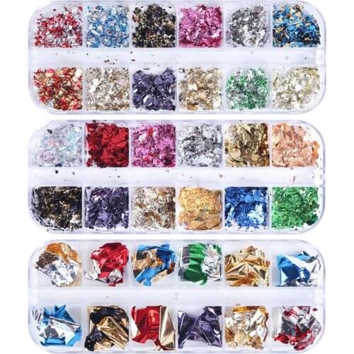 12 Grid Magic Mirror Nail Glitter Sequins Golden Foil Tips Holographic Flakes