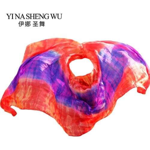High Quality Belly Dance Veils Handmade Natural Silk Belly Dance Veil Red+Purple+Red Tie-dye 250*114 cm Dance Performance Props