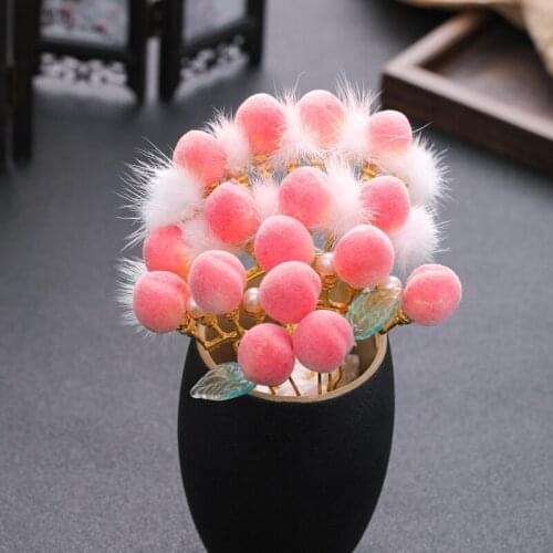 Pink Peach Kid Fashion Hairpins Sticks For Girls Women Kid Gold Leaf Hairball Headpiece Wedding Hair Accessories Pearl Hair Fork