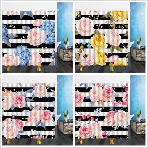 Flowers Shower Curtains Cartoons Black White Stripe Splicing 3D Print Bathroom Home Decor Waterproof Polyester Cloth Curtain Set