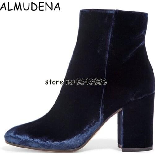 Velvet Round Toe Lady Sexy Ankle Booties Chunky Heels Woman Fashion Short Boots Blue Green Black High Heels Shoes Plus Size 45