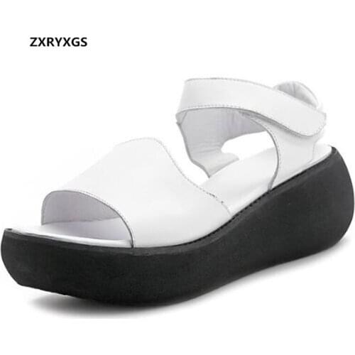 Promotion 2020 New Fish Mouth Top Soft Cowhide Summer Sandals Increased Platform Wedges Casual Sandals Summer Women Sandal Shoes