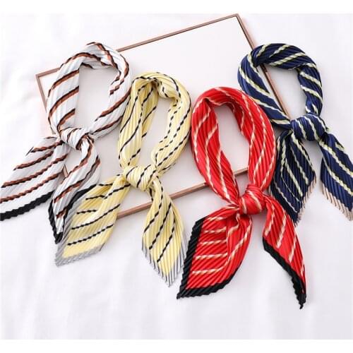 Yishine Hot Pleated Square Scarf Small Silk Neck Wear for Women Crumple Stripe Bandana Crinkle Print Foulard Female Handkerchief