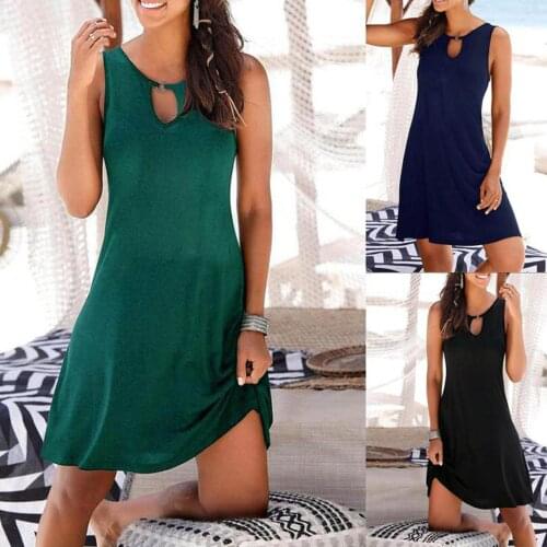 WomenS Dress Summer Pure Color Simple And Thin Waist Sleeveless Dress Round Neck Short Knee-Length Dress летнее женское 50