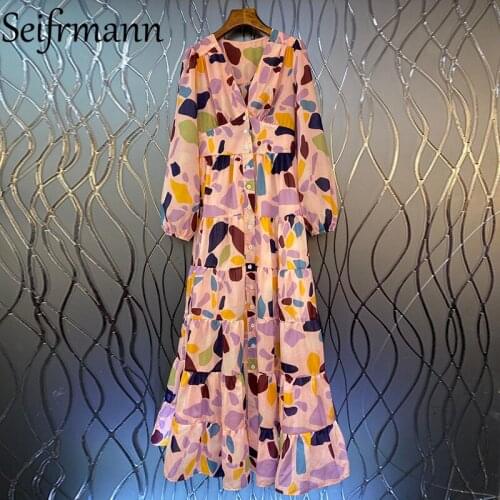 Seifrmann New 2021 Summer Women Fashion Designer Party Maxi Dress Lantern Sleeve High Waist Shirts Style Print Patchwork Dresses