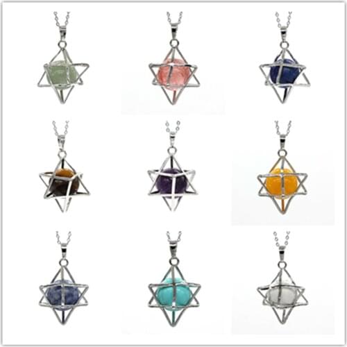 100-Unique 1 Pcs Silver Plated Merkaba Symbol Many Color Quartz Stone Pendant Metaphysical Jewelry