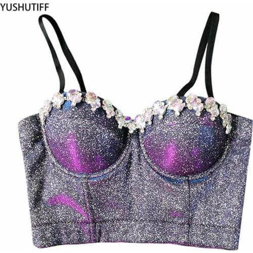 2021 Shiny Rhinestones Sexy Top Female Crop Top Women Harajuku Nightclub Show Camis Tops With Built In Bra Push Up Bralette