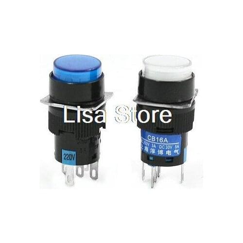 2pcs 16mm 1NO 1NC White Blue Light Momentary Round Pushbutton Switch AC 220V