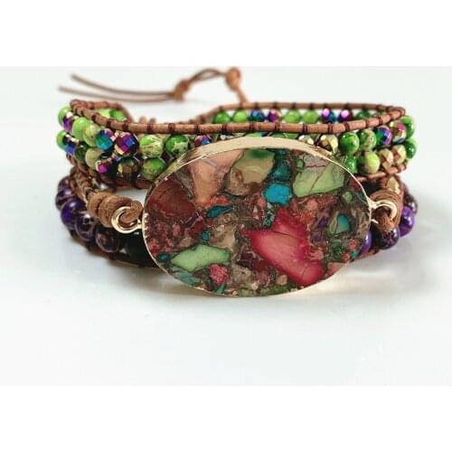 3Layers Emperor Stone Wrap Bracelet for Women Bohemian Green Plum Multicolor Natural Stone Beaded Bracelets Jewelry Dropship
