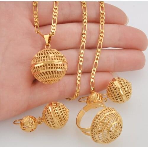 Anniyo African Beads Jewelry Sets Pendant Necklaces Earrings Ring Women Gold Color Round Ball Chains Papua New Guinea PNG #J0065
