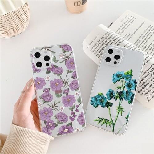 Purple Blue Flowers Phone Case for iphone 6 7 8 Plus SE 2020 12 11 Pro Max X XS MAX XR Soft Clear Transparent Back Cover Fundas
