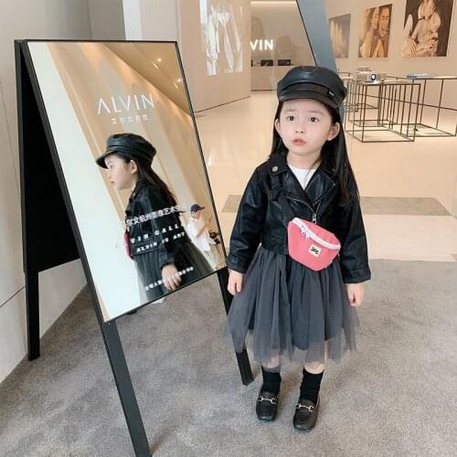 Spring Autumn Girls PU Jacket Baby Coat Faux Leather Children Outwear Kids Streetwear Patch Tutu Mesh Slanted Zipper Patchwork