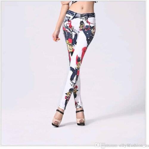 White Printing jeans woman Casual Pencil pants Girl Washed Person Pattern Skinny Long women Jeans Capris Elastic Femme
