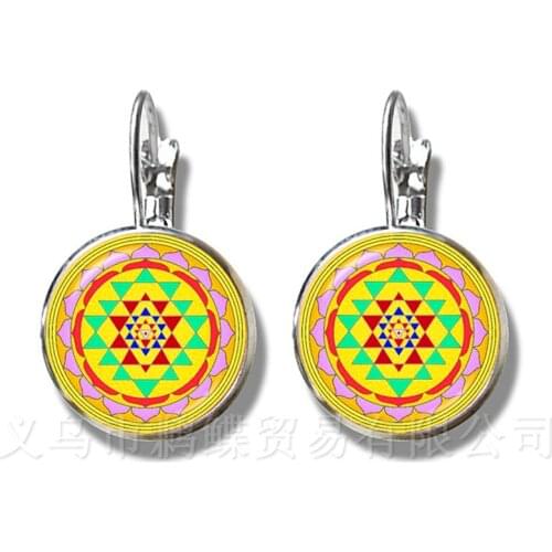 Indian Lucky Flower Jewelry Religious Mandalas Vintage Stud Earrings Zen Charms 16mm Glass Cabochon Stud Earrings OM Yoga Gift