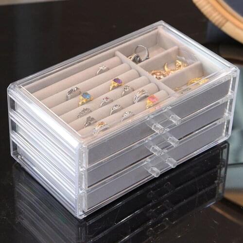 3-layer flannel jewelry box Acrylic transparent Ring Earring storage box Large capacity drawer jewelry storage