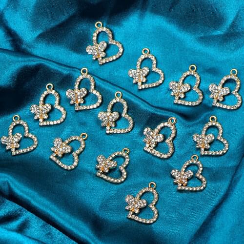 10Pcs Gold Color Heart Butterfly Metal Charms Small Bling Rhinestone Pendant For Jewelry Gift Making DIY Handmade Accessories