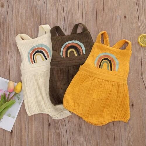 0-24M Sweet Infants Girls Rainbow Romper Backless Baby Sleeveless Square Collar Pleated Crotch Buttons Cotton Linen Clothes