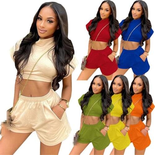 Fashion Two Piece Shorts Set Wide Sleeve Round Neck Solid Color Pocket T-Shirt Sexy Streetwear Matching Set Women Summer