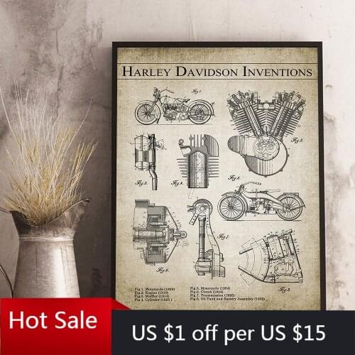 Motorcycle Inventions Vintage Engine Patent Canvas Painting Mechanical Engineering Wall Art Pictures Poster Aesthetic Room Decor