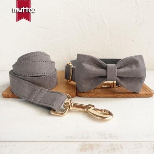 MUTTCO retailing handmade THE DEEP GRAY poly satin and nylon Grey dog collar and leash with bow tie 5 sizes UDC025J
