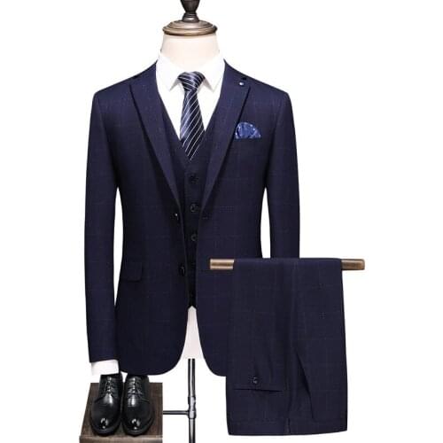 Mens suit blue plaid classic single-breasted mens suit three-piece suit (jacket + pants + vest) mens business casual suit set