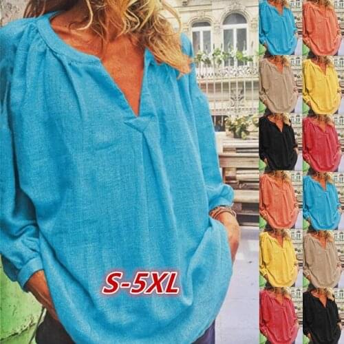 New womens spring and autumn loose solid color V-neck linen cotton long-sleeved womens shirt T-shirt