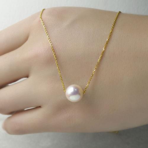 New 8-8.5MM Natural White Real Akoya Pearl Floating Pendant Necklace Yellow Gold
