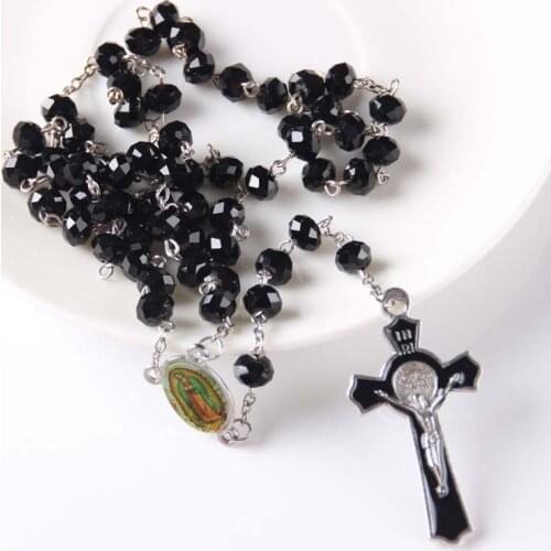 NEW Catholic Goddess Rosary Crucifix Cross Pendant 6mm*8mm BlacK Crystal Beads for Men&Women Daylife 10 pcs/lot