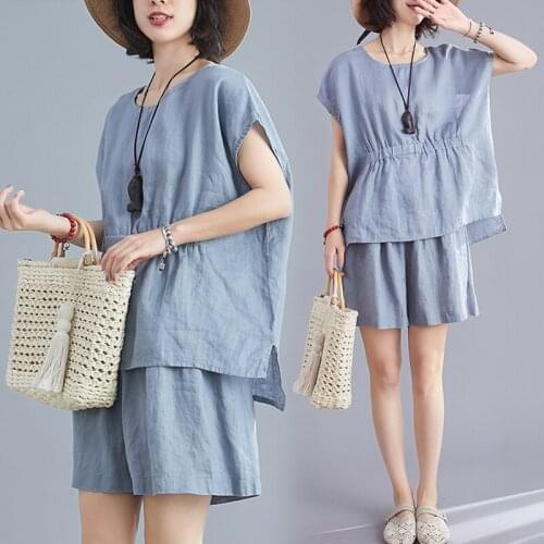 Pure Color Cotton and Linen Two-piece Sleeveless Round Neck T-shirt Elastic Waist Wide-leg Shorts Loose Linen Fashion Suit Women