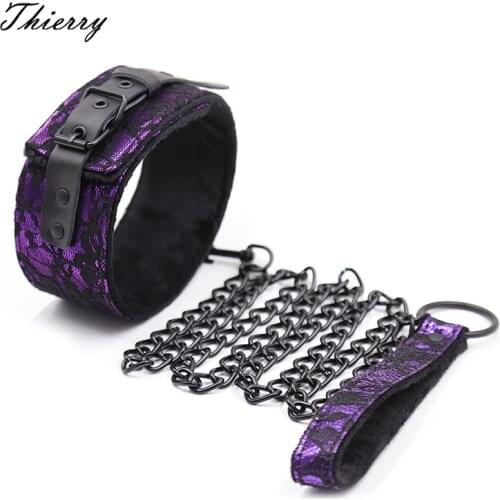 Thierry Genuine Leather and Lace Bondage neck collar with metal chain leash SM Sex toys Restraint Fetish Adult Sex Toys
