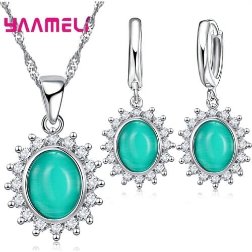 Summer Sale 925 Sterling Silver Oval Cats Eye Opal Gemtone Necklace Earrings Jewelry Sets Brilliant Cubic Zircon Flower Pendant